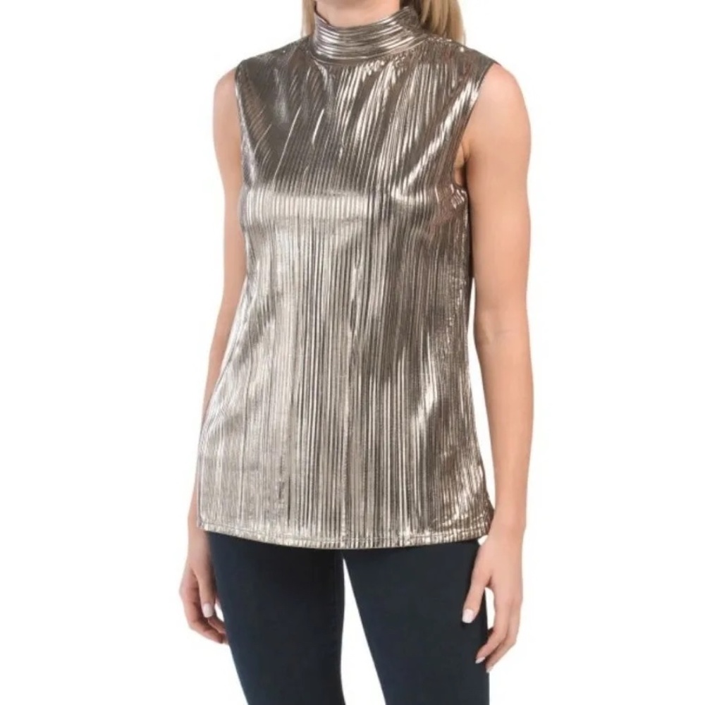 Andrea Javine Luxe Metallic Accordeon Fabric Mock Neck Sleeveless Blouse Tank - Picture 1 of 15